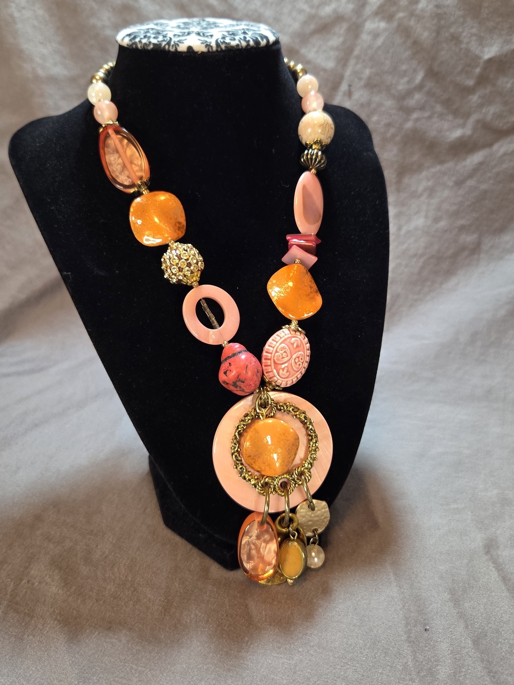 Treska Vintage Boho Chunky Multi Strand Beaded Pendant Necklace Orange Peach